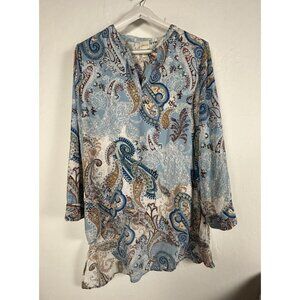 Chico's Womens Blue Paisley Print V-Neck Asymmetric Tunic Top Size 2 Lightweight